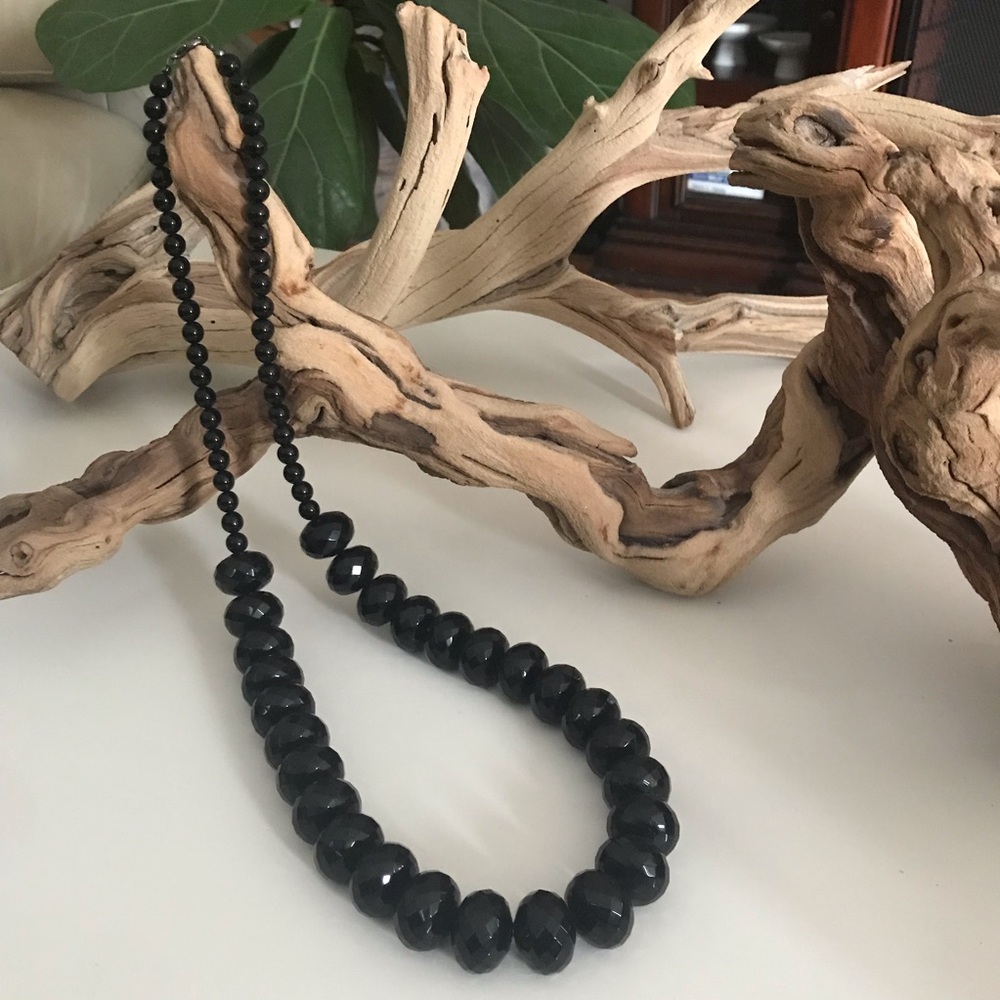 Classic Black Faceted Oval Bead Necklace 28” + 4” Casual Dressy Timeless Chic